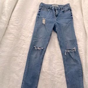 Topshop Jamie High Waisted Distressed Skinny Jeans in Mid Blue